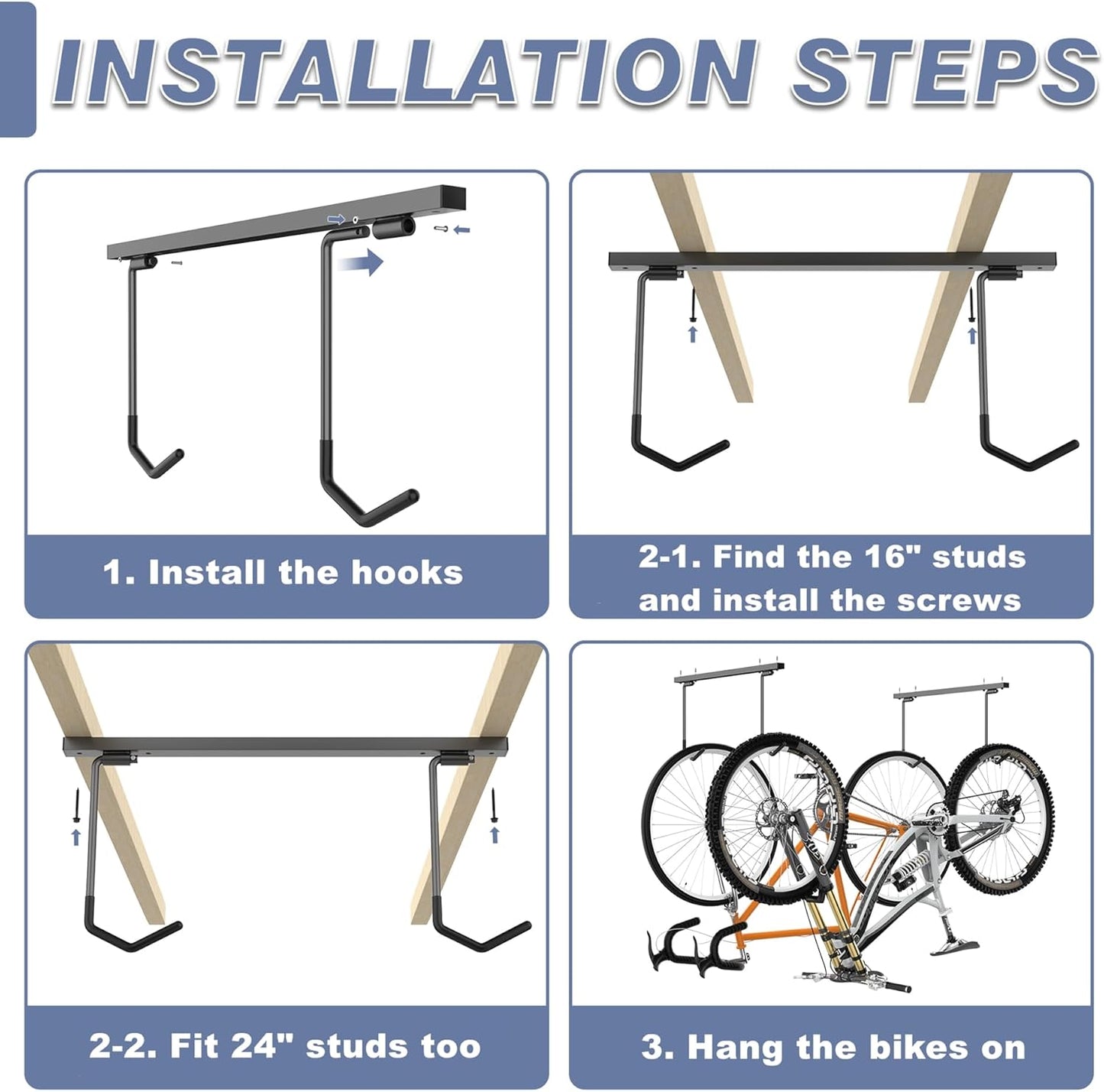 WALMANN Ceiling Mounted Bike Rack - Space-Saving Storage for 2 Bikes Horizontally or 4 Bikes Vertically
