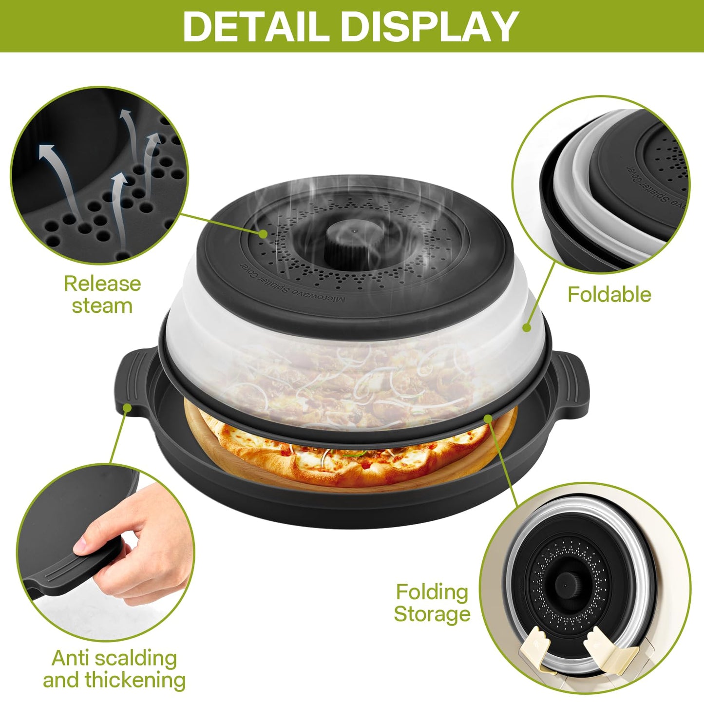 Microwave Splatter Cover for Food with Anti-scald Base Plate,Large Plastic & Silicone Vented Avoid Scalding Collapsible Guard Lid,Kitchen Essential Gadgets for Meal Prep-10.7 Inch (Black)
