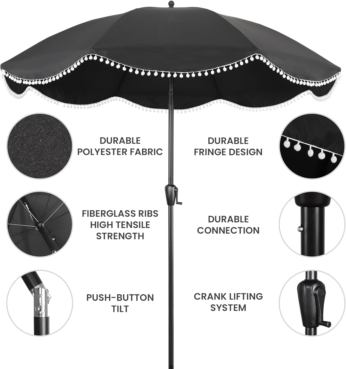 Sun-Ray 9' Patio Umbrella - Black Canopy with White Fringe Accents | Stylish Market Umbrella for Deck & Backyard