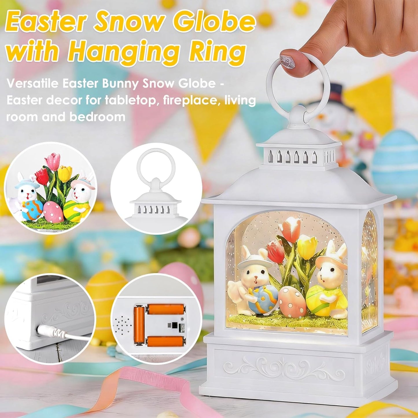 Skiennix Easter Bunny Snow Globe - Glitter Lantern with 6-Hour Timer & Colorful Eggs Decor