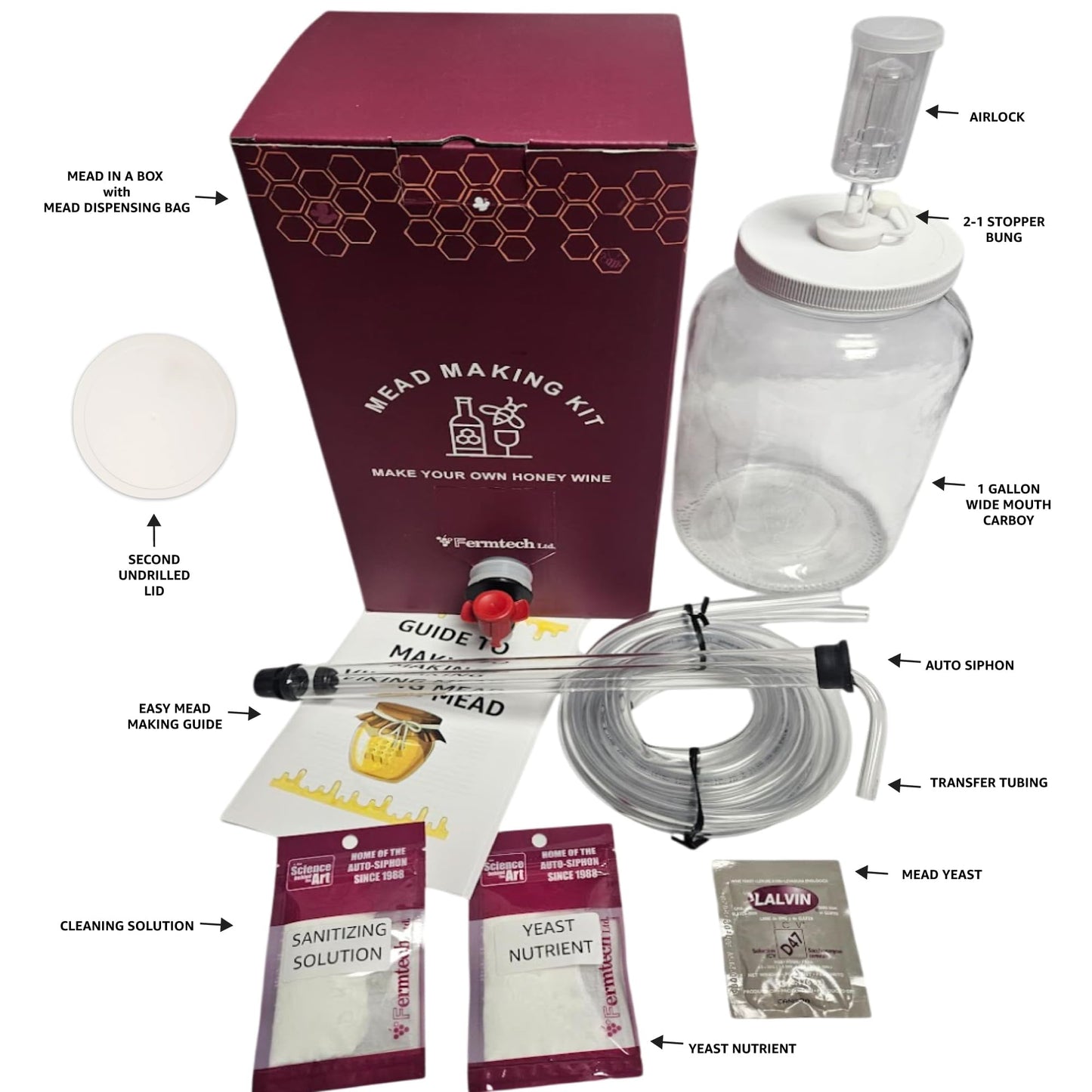 15 Pcs Standard Mead Making Kit - Reusable Make Your Own Mead Kit - Yields 1 Gallon of Mead | Beer Wine Fruit Wine Kombucha Compatibility