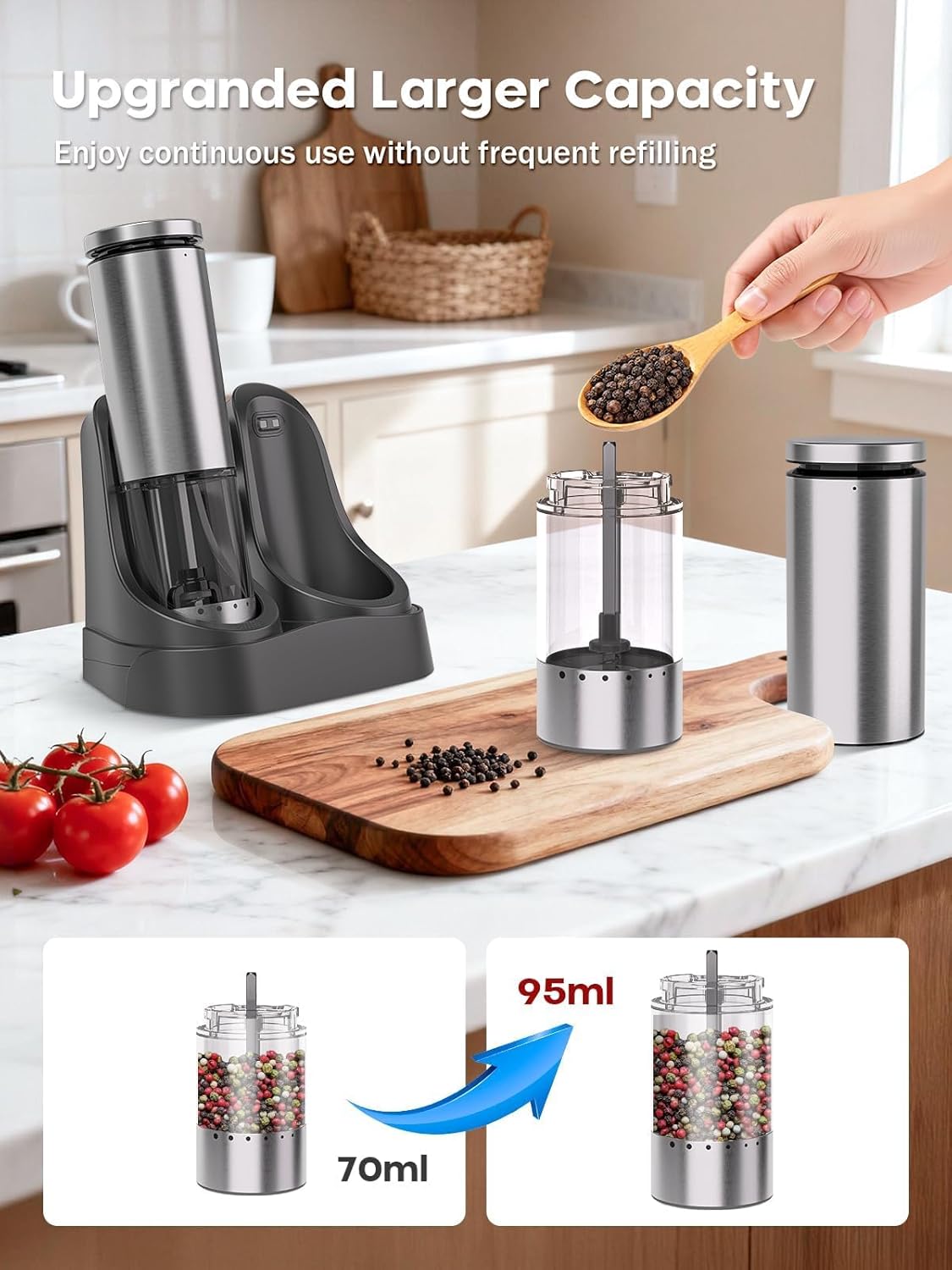Skiennix Electric Salt and Pepper Grinder Set - Rechargeable Automatic Grinders with Adjustable Coarseness | Stainless Steel, Silver