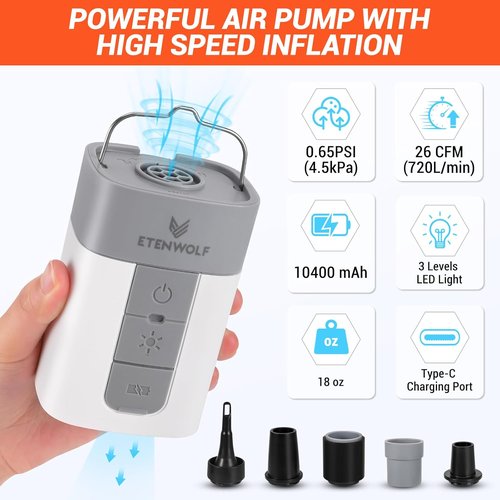 ETENWOLF Electric Air Pump - 10400 mAh Portable Inflator/Deflator with Camping Light | 720 L/min for Pool Floats & Air Mattresses