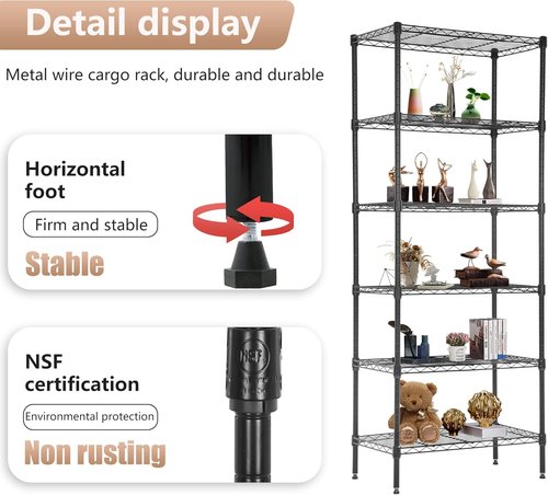 FDW 6-Tier Wire Shelving Units - Adjustable Metal Storage Rack for Kitchen & Garage | 23L x 13W x 59H, Black