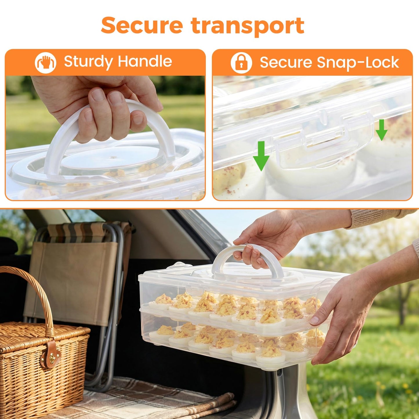 HANSGO 2 Pack Deviled Egg Containers with Lid, Portable Devil Egg Holder for 48 Eggs Clear Deviled Egg Carrier Tray for Home Party Kitchen Fridge Organizer
