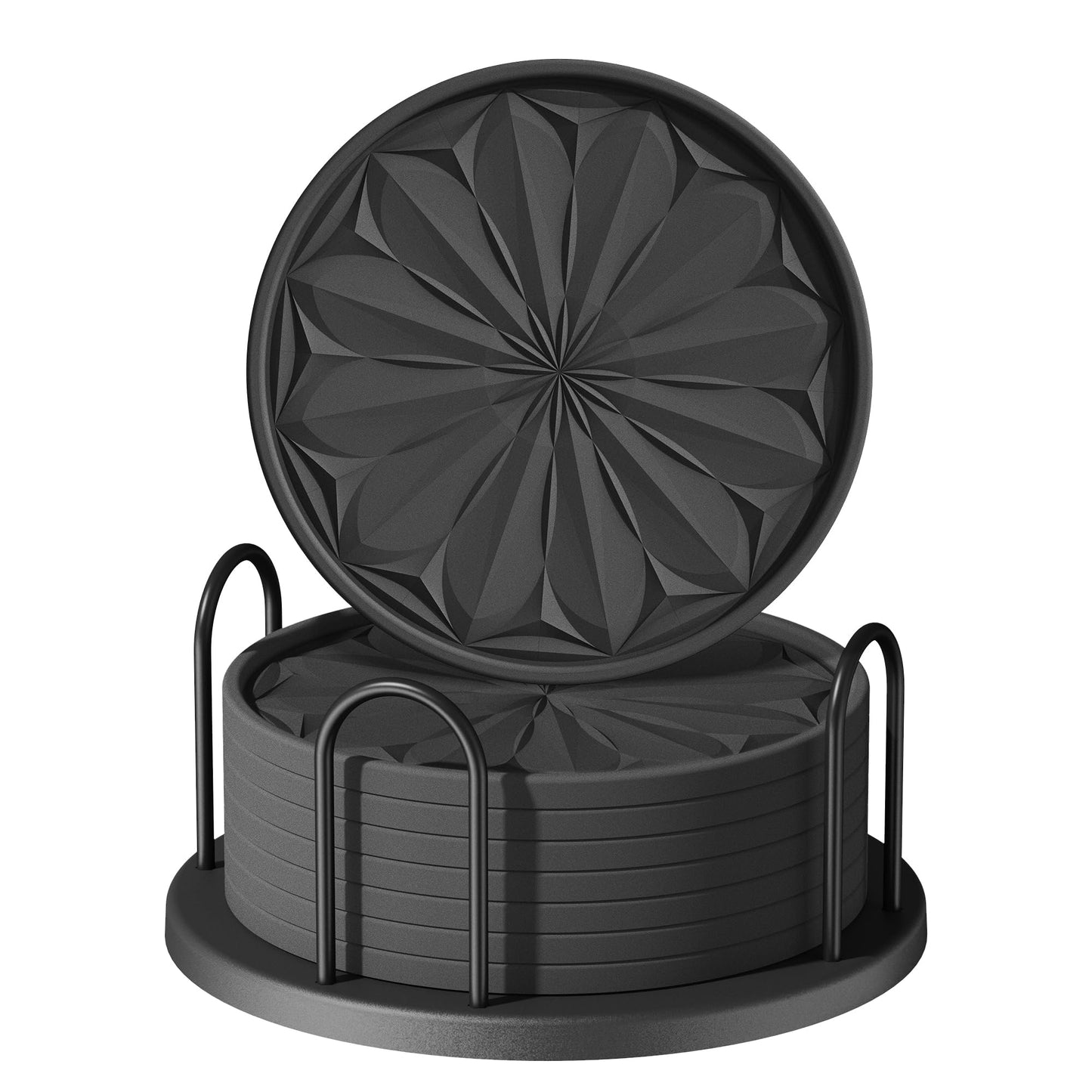 Lazebox Coasters Set of 8 for Drinks with Holder, 4" Large Silicone Coasters for Coffee Table, Deep Tray Non-Slip Drink Coasters for Table Protection, Heat Resistant & Dishwasher Safe, Black