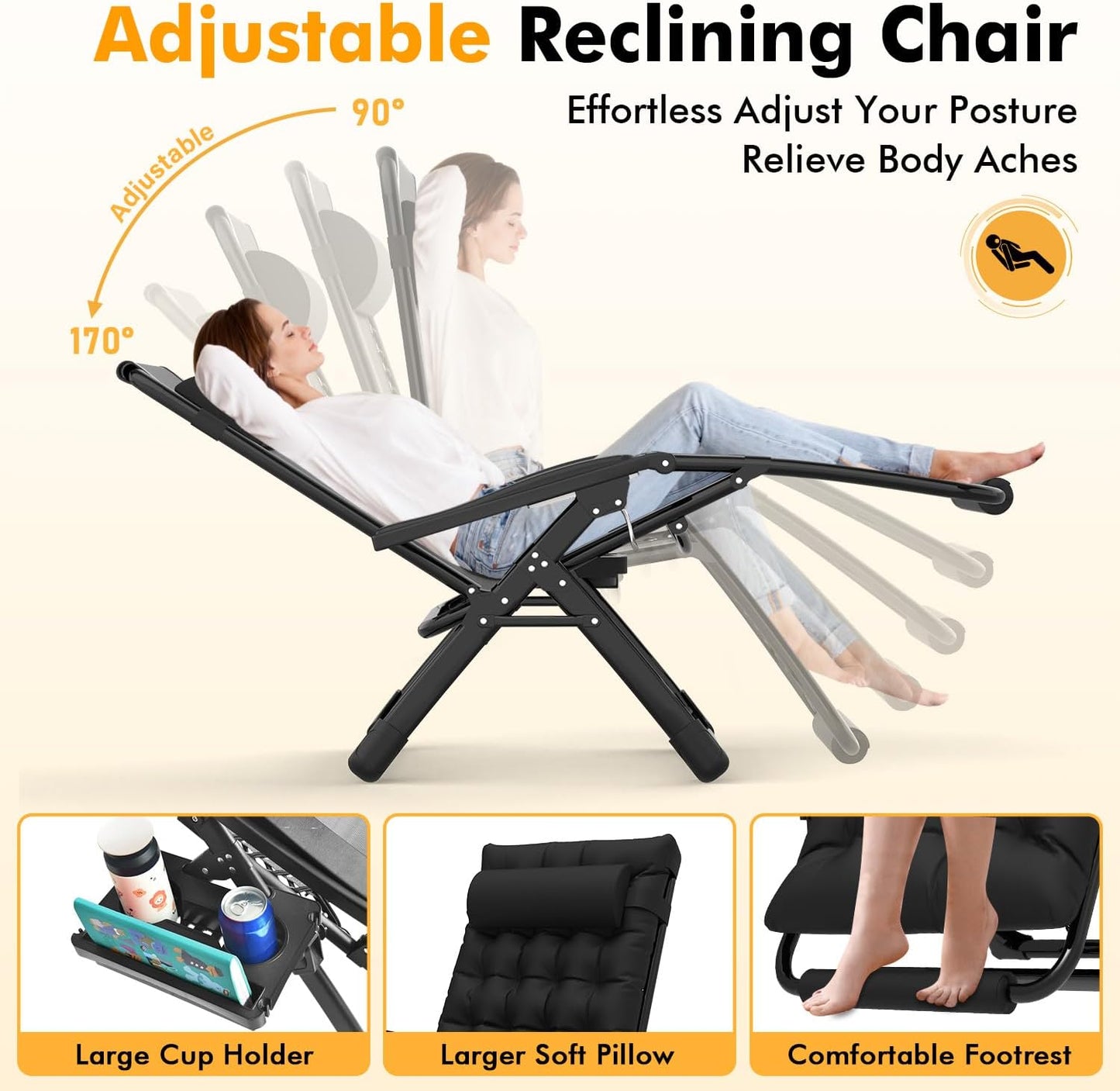 Slendor Oversized Zero Gravity Chair - XXL Padded Lounge Chair with Headrest & Cup Holder | Supports 500lbs, Black
