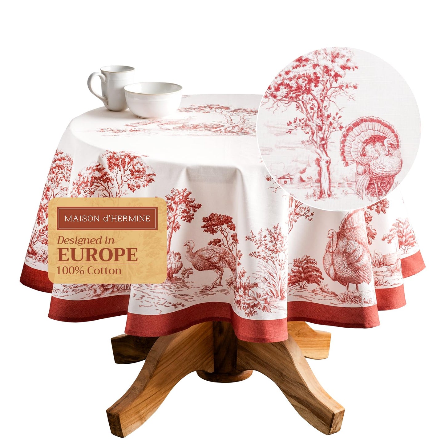 Maison d' Hermine Table Cloth Round Table 100% Cotton 63 Inches Fall Tablecloth Reusable Everyday Use for Thanksgiving Christmas Decorations Dining Farmhouse Party (Holy Jouy - Red)