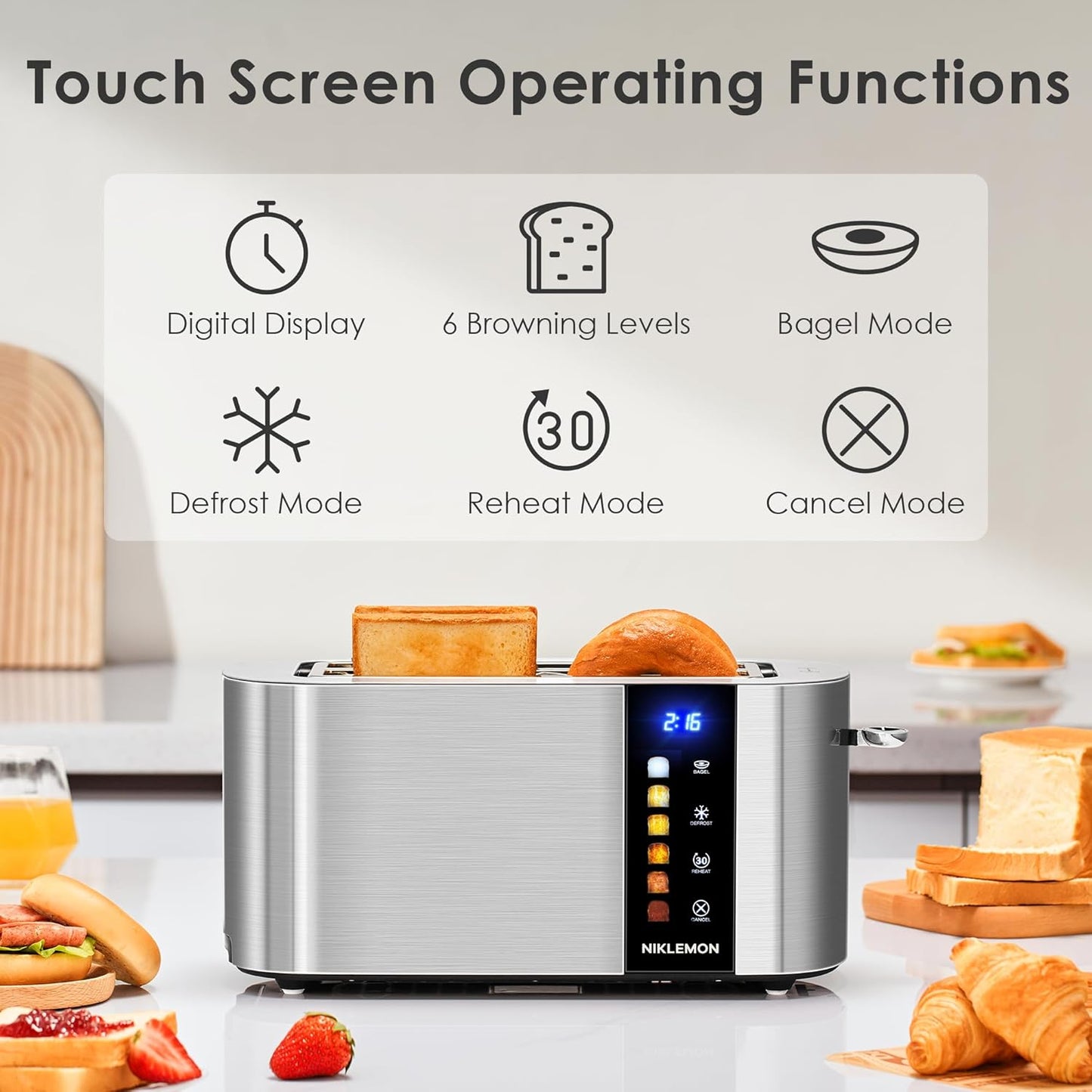 NIKLEMON Stainless Steel 4-Slice Toaster - LED Display, Extra Wide Slots, 1300W Power | Bagel & Defrost Functions
