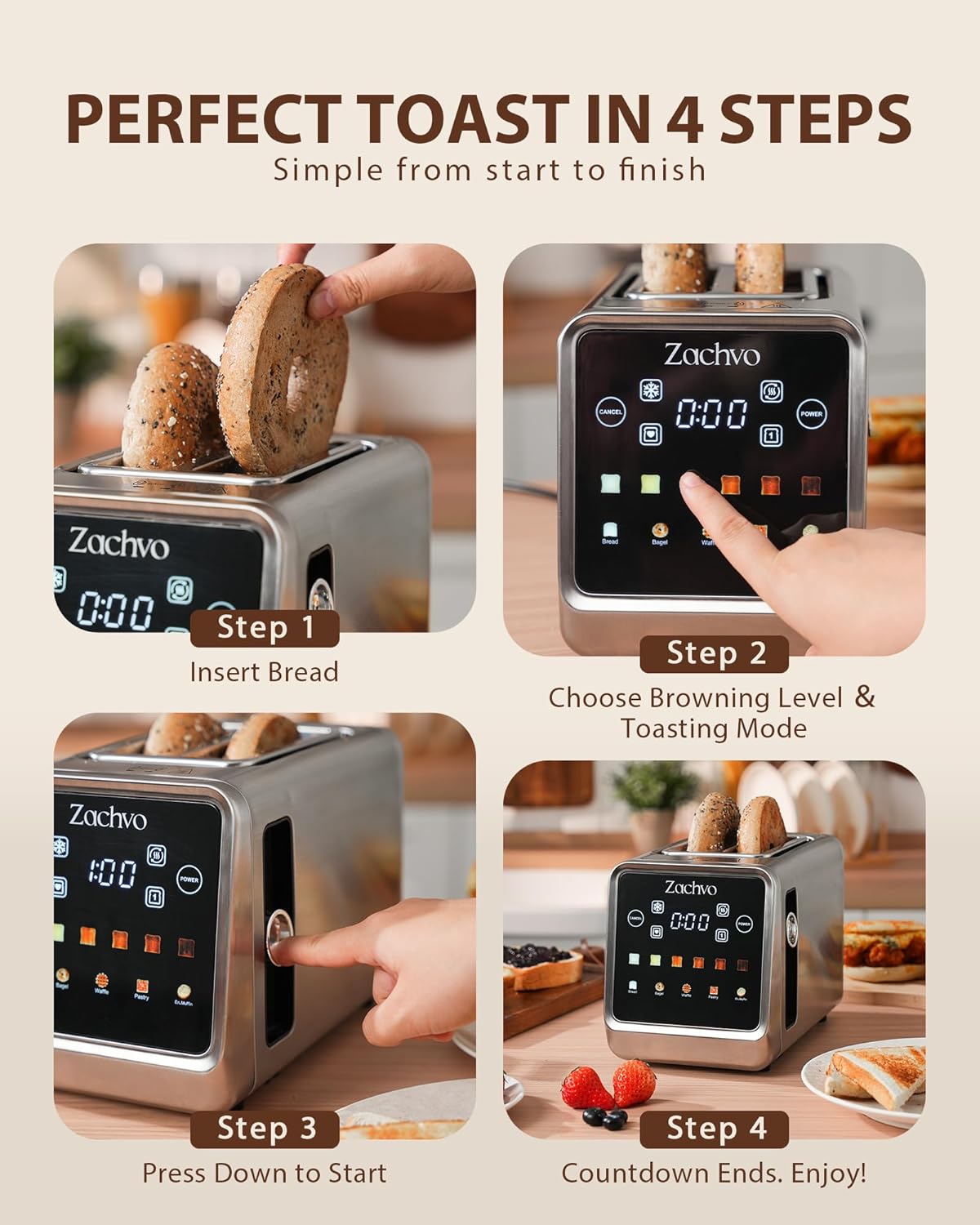 Skiennix 2-Slice Toaster - Smart Touchscreen & Digital Countdown Timer | 1.5" Wide Slots for Bagels & Bread