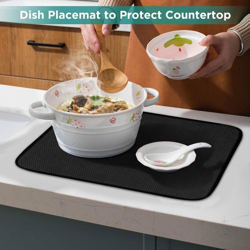 GeeRic Microfiber Dish Drying Mat, Super Absorbent Kitchen Dish Drying Pad, Reversible for Countertop, 12*16 inch Black