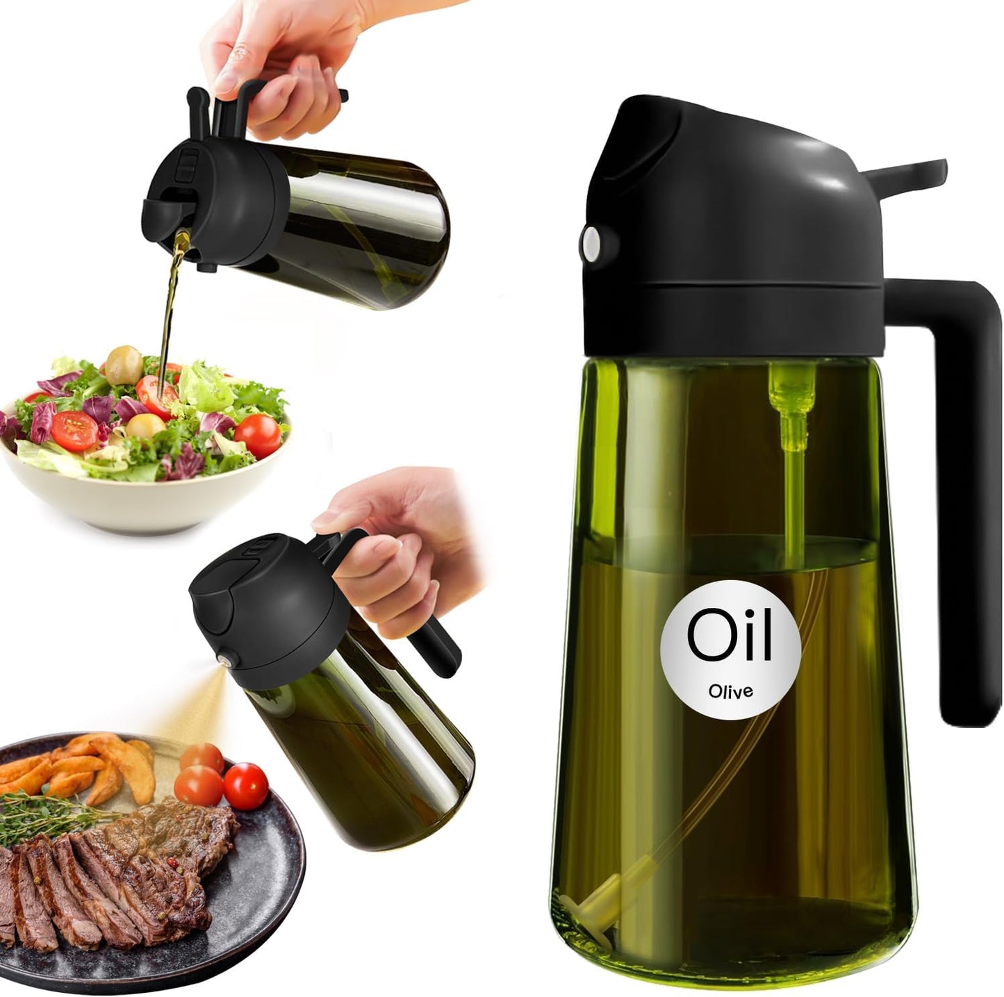 YARRAMATE Oil Sprayer & Dispenser Set - 16oz Dark Green Sprayer & 300ml Brush Dispenser (Black & White)
