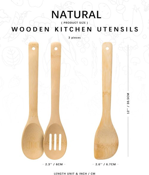 Bamboo Kitchen Utensil Set - 3PCS Wooden Cooking Spoons & Spatula for Non-Stick Pans