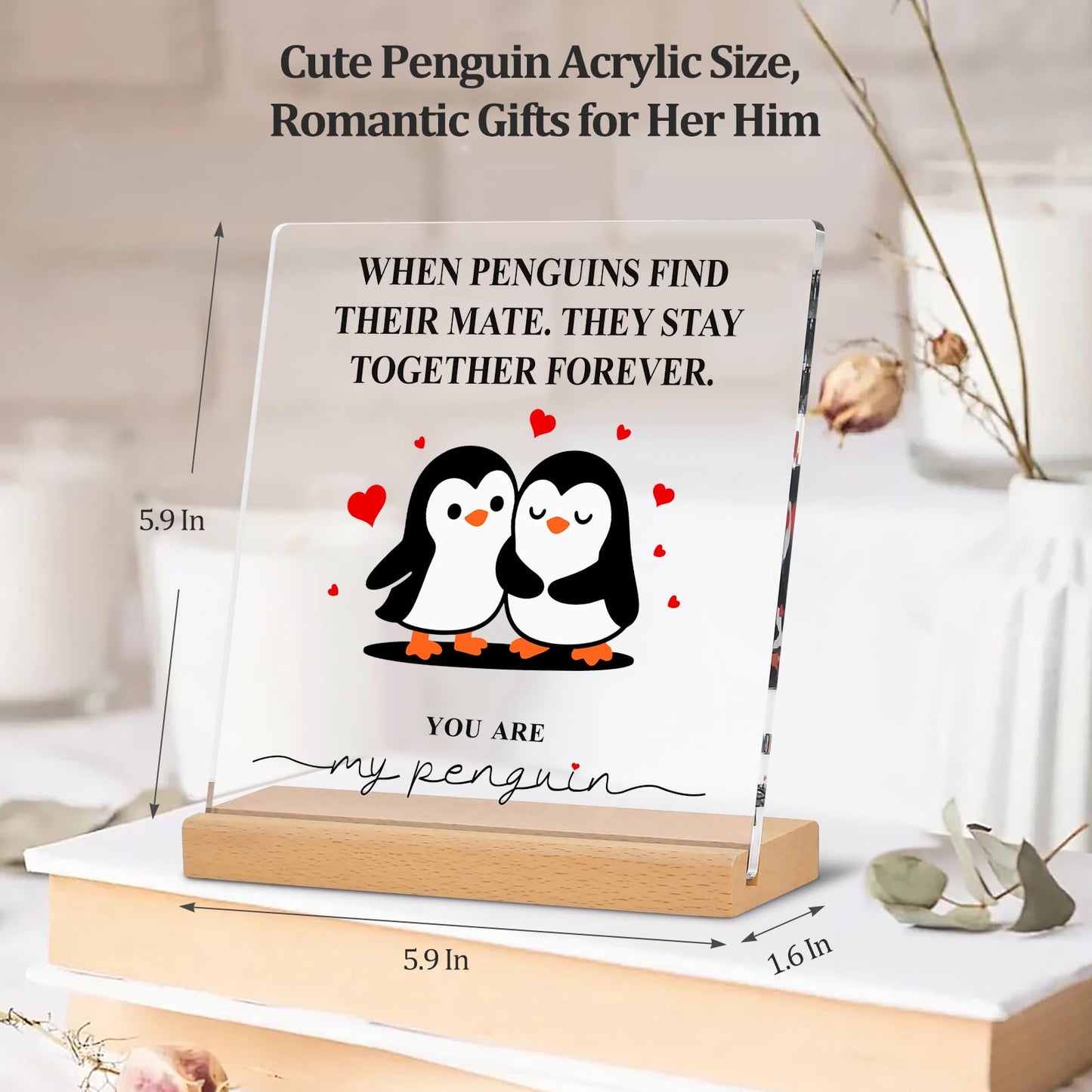 Atichwem Romantic Penguin Acrylic Plaque with Wooden Stand, 5.9×5.9 Inch Clear Acrylic for Home Office Decor, Wedding Engagement Anniversary Birthday Valentines Day Gifts for Couples Him Her