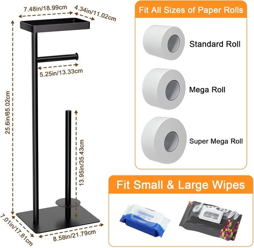 Freestanding Toilet Paper Holder Stand - Rustproof Metal Design with Weighted Base | Holds 4 Spare Rolls & Shelf for Phone