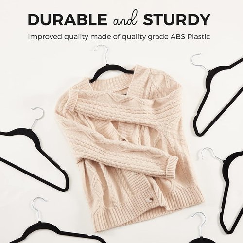 HOUSE DAY Premium Velvet Hangers - 50 Pack Black Non-Slip Flocked Hangers for Space-Saving Closet