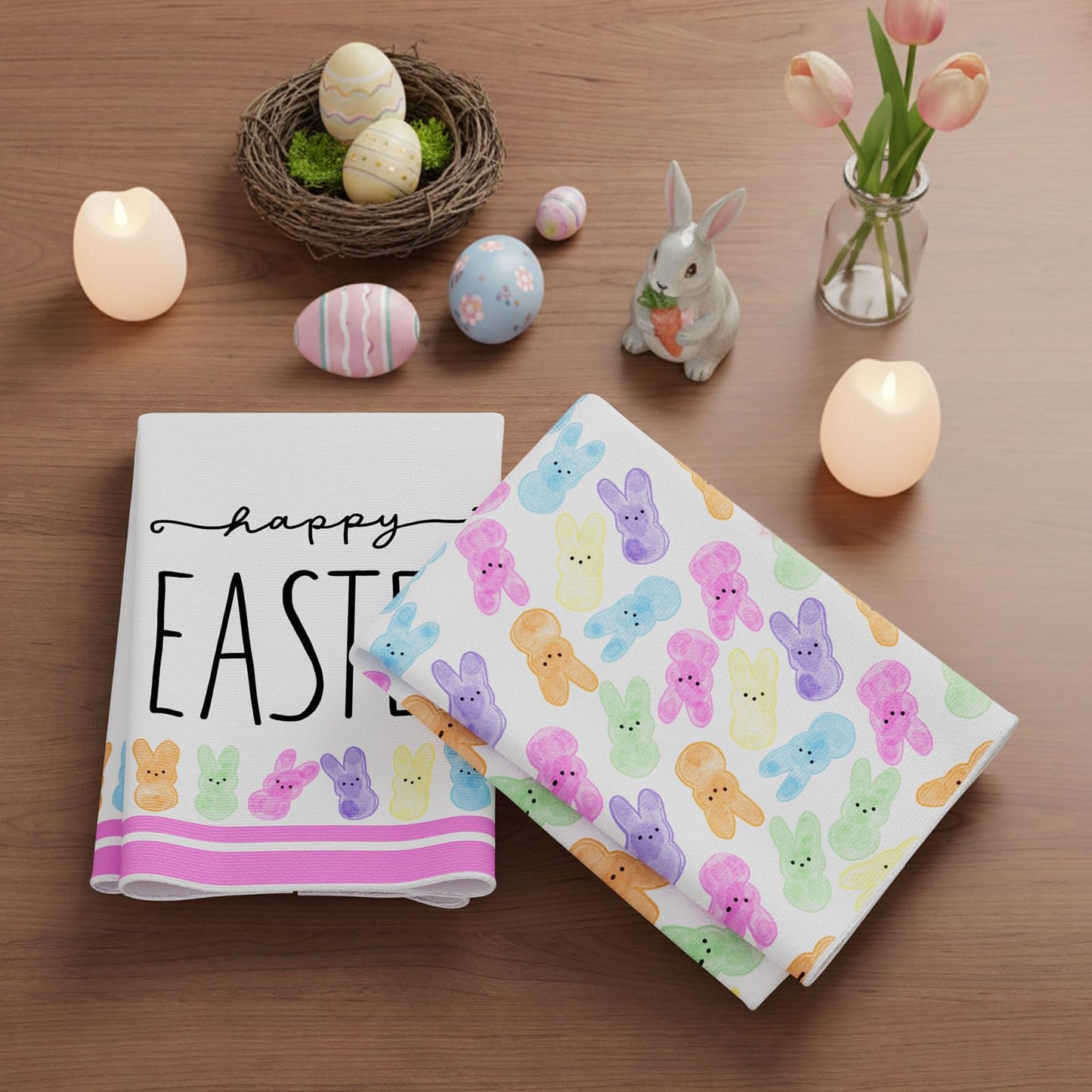 XCHI Happy Easter Colorful Cute Bunny Rabbits Easter Kitchen Towels Dish Towels 18x26 Inch Home Decorations Hand Towels Set of 2 Drying Dishcloth