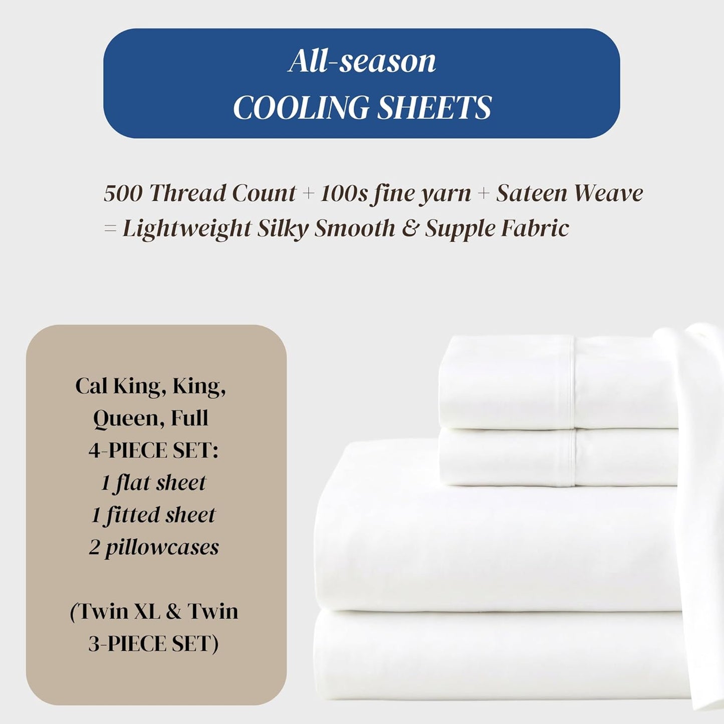 Beckham Hotel Collection King Size Sheets Set - 100% Cotton Sateen, Silky Smooth, 16” Deep Pocket, White
