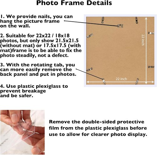 JCJMY 22x22 Picture Frame - White Wall Display with 18x18 Mat & Shatter-Resistant Plexiglass
