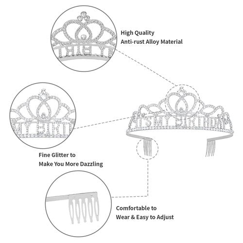 Araluky Silver-Black Crown and Sash for Women, Birthday Tiara Headband, Happy Birthday Hat, Party Favors Gift