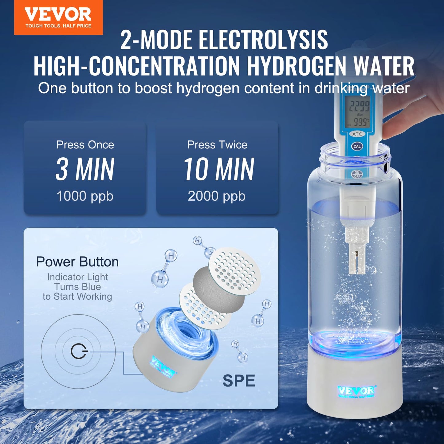 VEVOR Hydrogen Water Bottle, Hydrogen Water Bottle Generator up to 2000 ppb, 380ml Portable Hydrogen Water Machine, SPE Technology hydrogen water generator with Nasal Inhalation Tube and Self-Cleaning