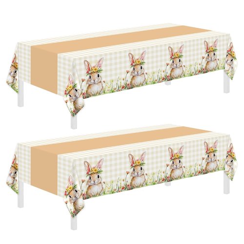 Childom 2 Pack Easter Tablecloth,Easter Decorations 54" x 108" Disposable Plastic Tablecloth,Bunny Table Cloth Checkered Decorations,Plastic Table Cover for Party Supplies,Indoor,Outside,Home,Dinner