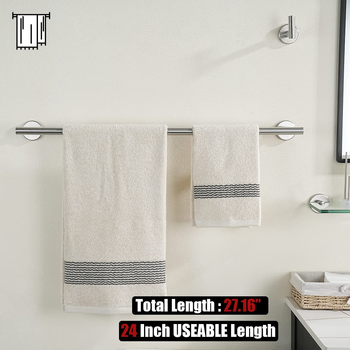 JQK Bath Towel Bar, 24 Inch 304 Stainless Steel Thicken 0.8mm Towel Rack Bathroom, Towel Holder Brushed Finished Wall Mount, Total Length 27 Inch 2 Pack, TB110L24-BN-P2