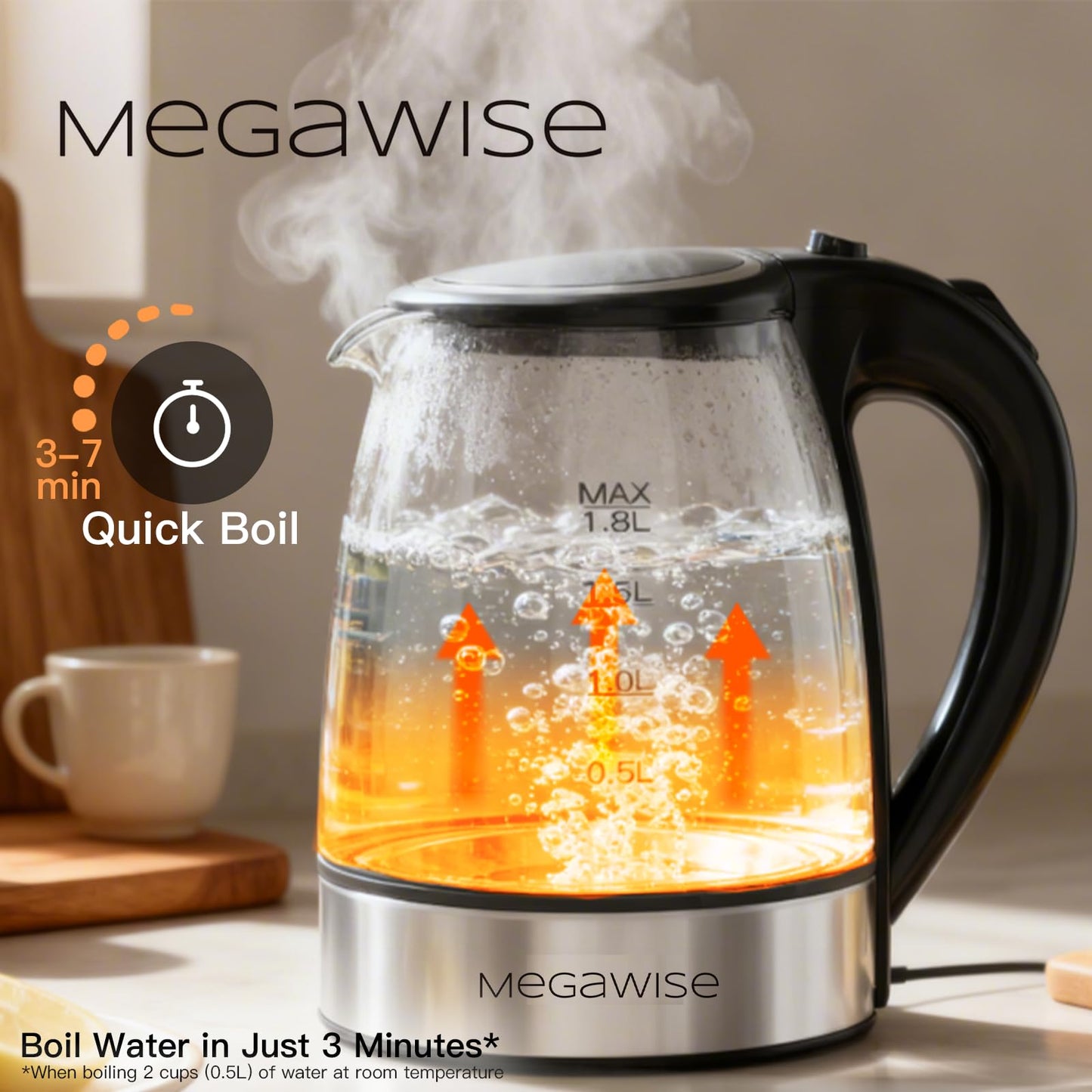 Megawise Electric Glass Kettle with Auto Shut-Off, BPA-Free, Stainless Steel Inner Lid & Base, Blue LED Indicator, Easy Clean, Cord Storage (1.8L)
