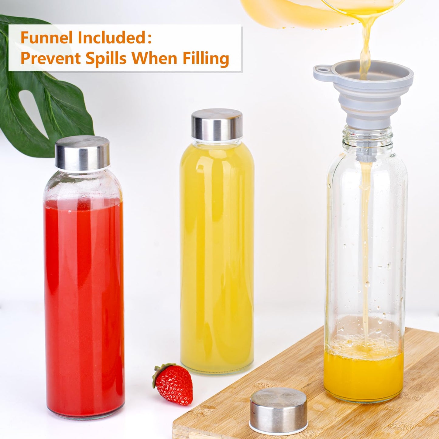 Zukro Glass Juice Bottles with Lids for Juicing 18 oz, Reusable Clear Glass Water Bottles with Stainless Steel Airtight Cap for Refrigerator, 100% Leak Proof Drinking Jar, BPA Free, Set of 6