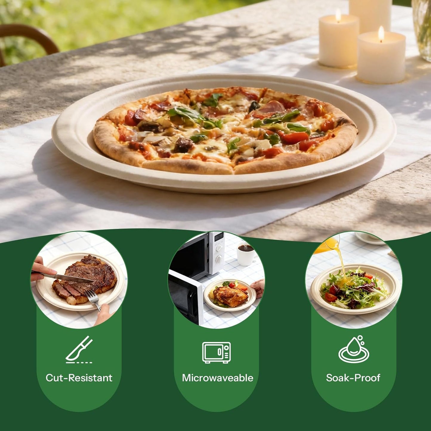 Skiennix 10-Inch Disposable Paper Plates - 100% Compostable & Eco-Friendly | Biodegradable Sugarcane Bagasse, 100 Pack