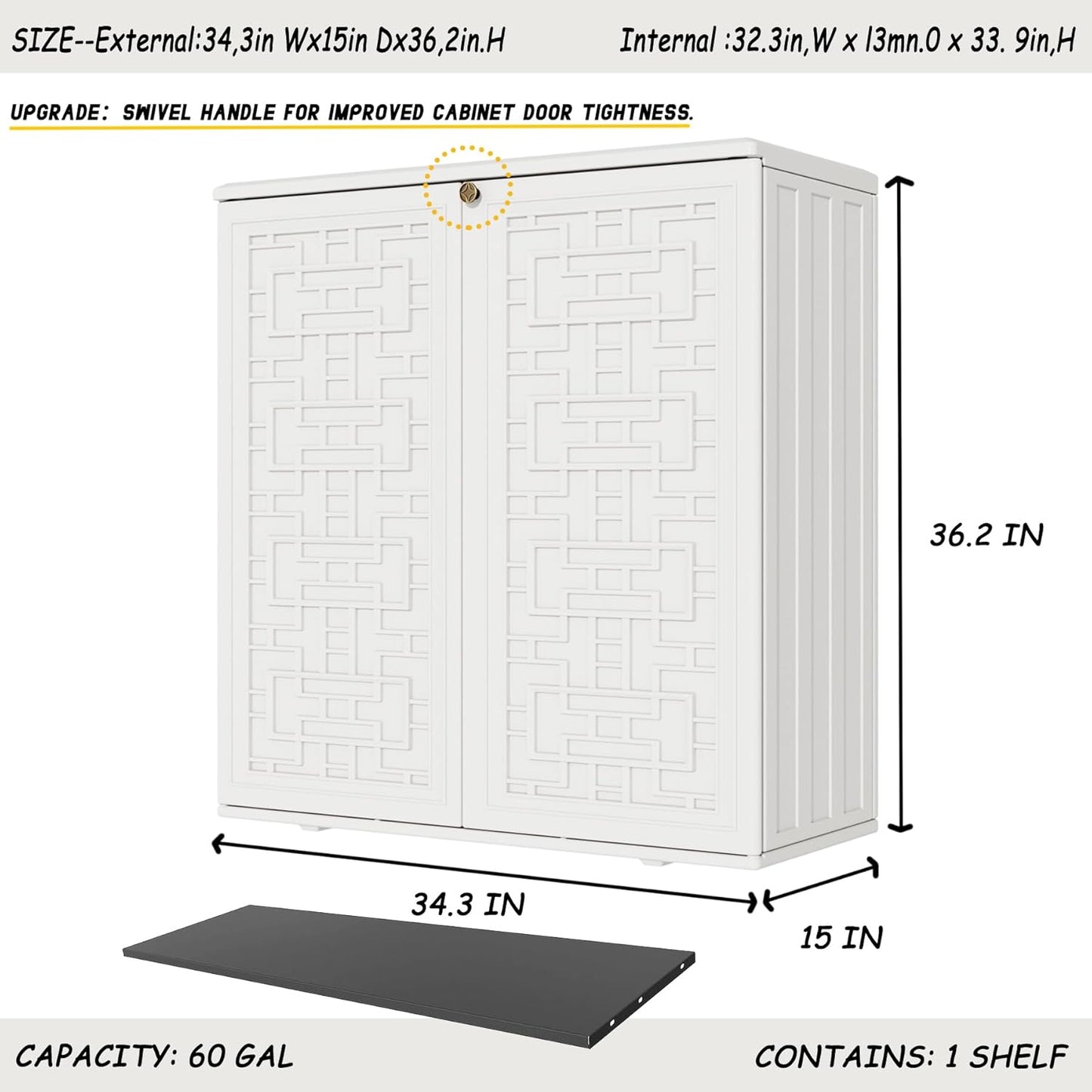 Mrosaa Waterproof Indoor Outdoor Storage Cabinet - Off White Plastic for Patio & Garden | 34.3''L x 15''W x 36.2''H