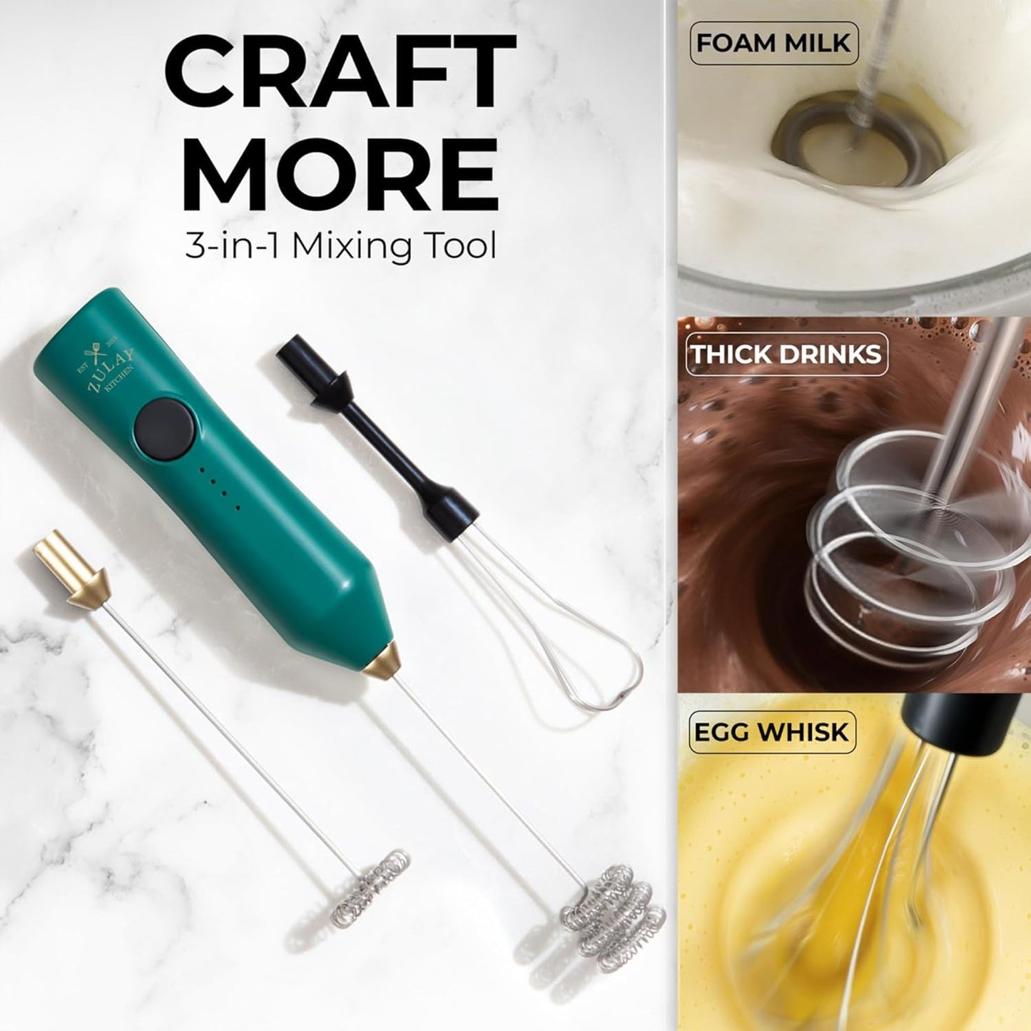 Zulay Kitchen Rechargeable Milk Frother - 3 Speeds & 3 Whisk Attachments - USB Charging for Lattes & Cappuccinos - Green Gold