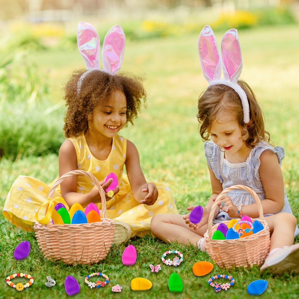Vellibring 12 Pack Prefilled Easter Eggs with 24pcs Bracelets Rings Easter Basket Stuffers Egg Fillers for Girls Party Favors Kids Toddler Easter Presents