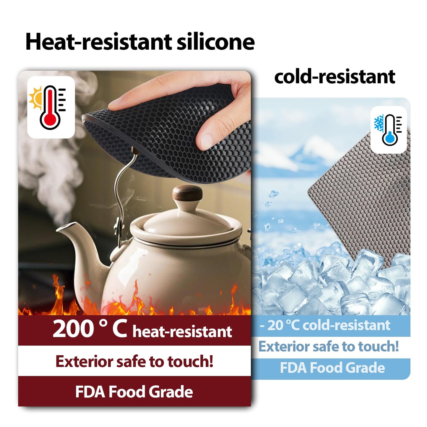 NICESOPIN 4 Pack Silicone Pot Holders & Hot Pads - Heat Resistant Non-Slip Mats for Kitchen Countertops, Trivets for Hot Dishes, Dishwasher Safe & BPA-Free (Black)