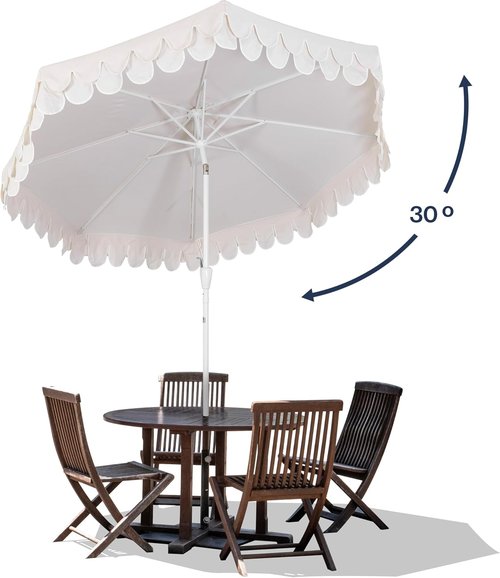 Jonathan Y Umbrella - 9 ft. Classic Mid-Century Scalloped Fringe Patio Umbrella with Auto-Tilt & UV Protection - Cream/White