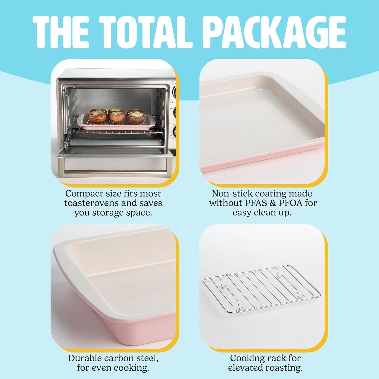 Tasty Nonstick Baking Set - 3-Piece Carbon Steel Toaster Oven Bakeware in Pink