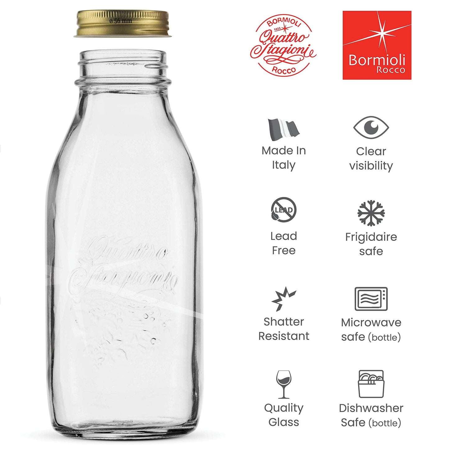 Bormioli Rocco Quattro Stagioni Glass Milk Bottle 33.75 Ounce/1 Liter with Airtight Lid, Great For Kombucha Brewing Bottle, Beer, Homemade Juicing, Smoothies, Beverages, Durable Construction. (6 Pack)
