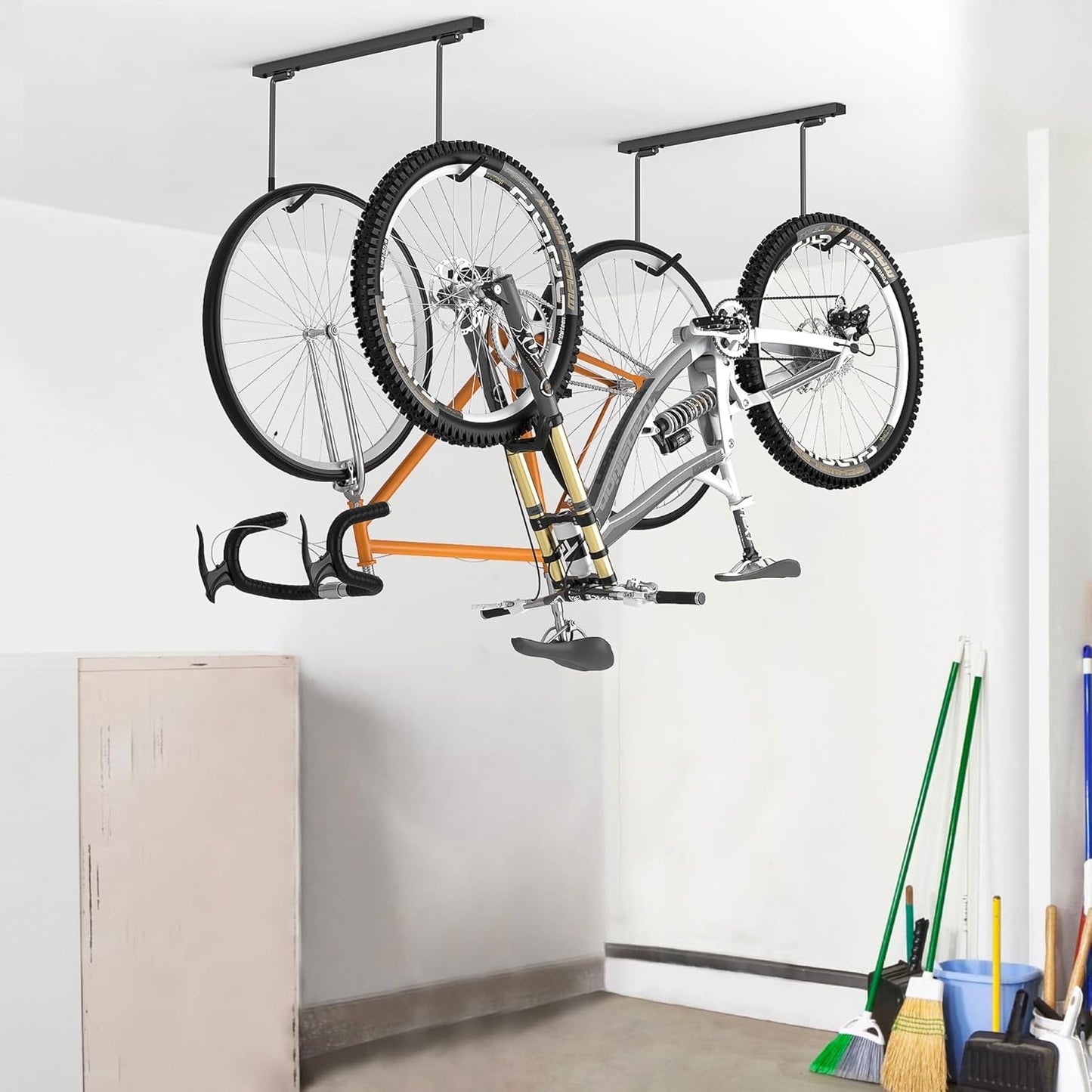 WALMANN Ceiling Mounted Bike Rack - Space-Saving Storage for 2 Bikes Horizontally or 4 Bikes Vertically