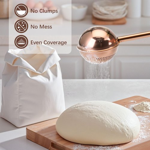 HULISEN Flour Duster for Baking, One-Handed Operation, 304 Stainless Steel Powdered Sugar Shaker Duster, Pick Up and Dust Flour Sifter, Gift Package, Brown