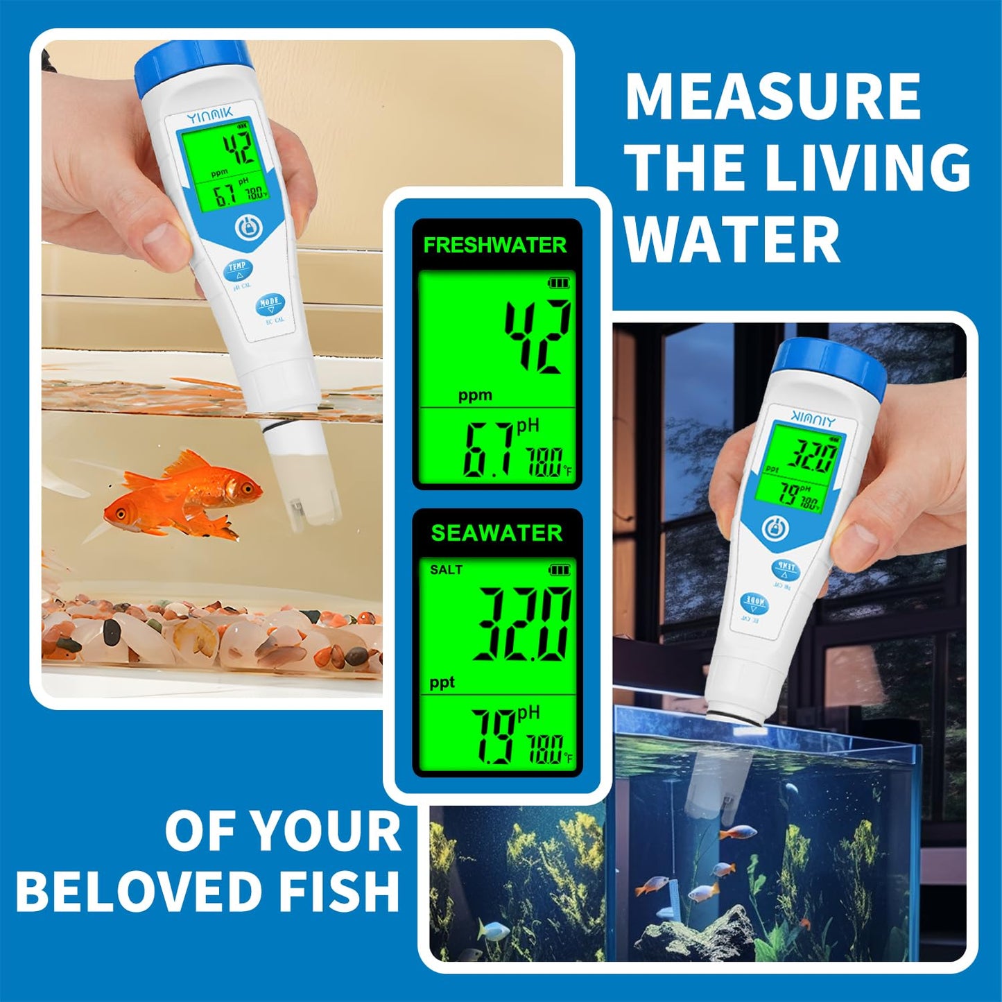 YINMIK pH Meter, Salt Tester Pool, Electronic pH Meter for Hydroponic，pH TDS EC for Water, 5 in 1 EC Temp Salt TDS pH Tester for Saltwater Pool,Hot Tubs,Home Brewing,Aquarium, Hydroponics