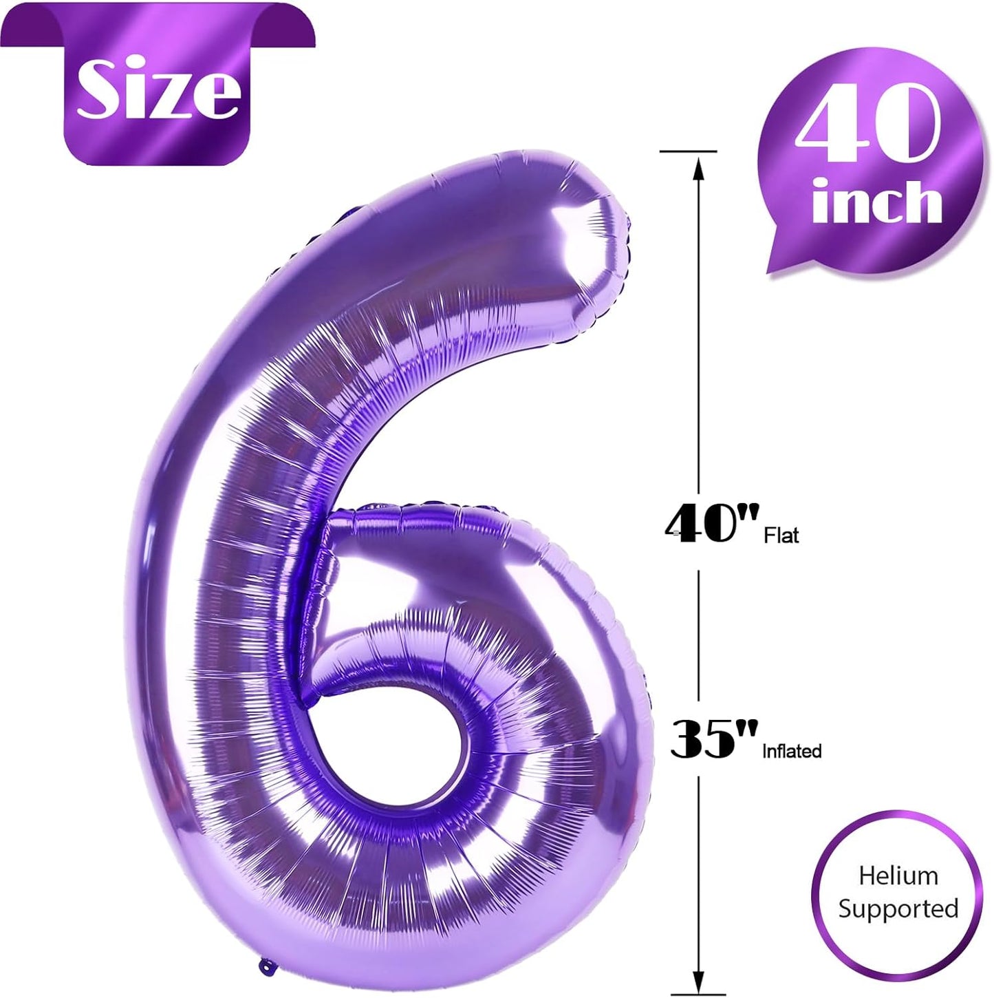 Purple Number 6 Balloon - 40 Inch Giant Foil Balloon for 6th Birthday Party Decorations