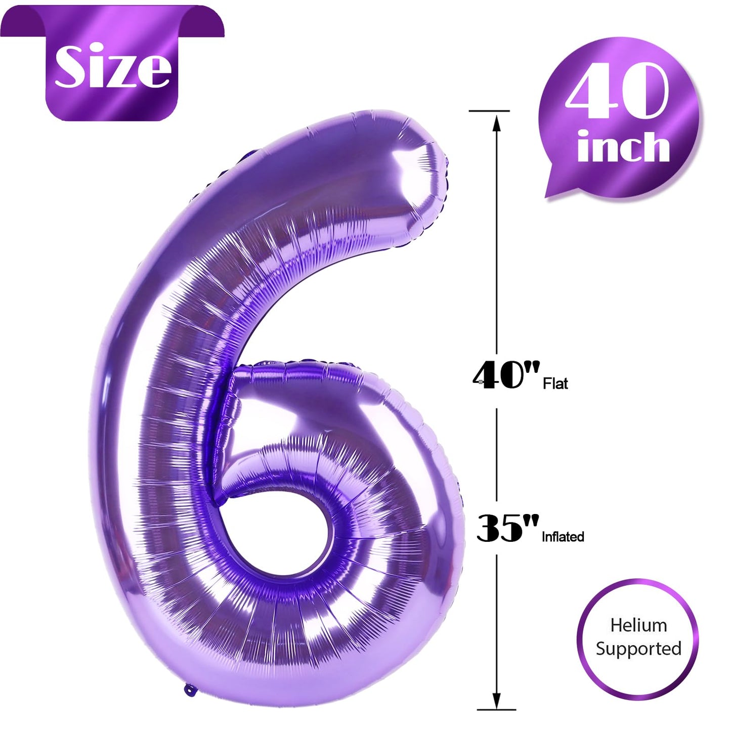 Purple 6 Balloon, Number Balloon 40 Inch, Purple Party Supplies 6th Balloons for Birthday, 6 Birthday Balloon, Number 6 Balloon