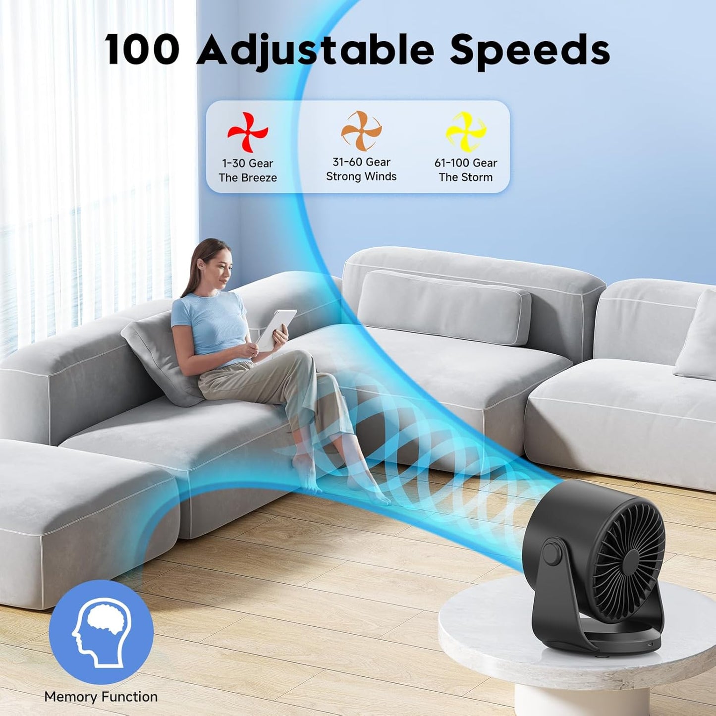 YOSHENMO Turbo Desk Fan - 100-Speed Digital Display, Low Noise, 7.5-Inch, Rechargeable Battery, Adjustable Tilt | Dark Black