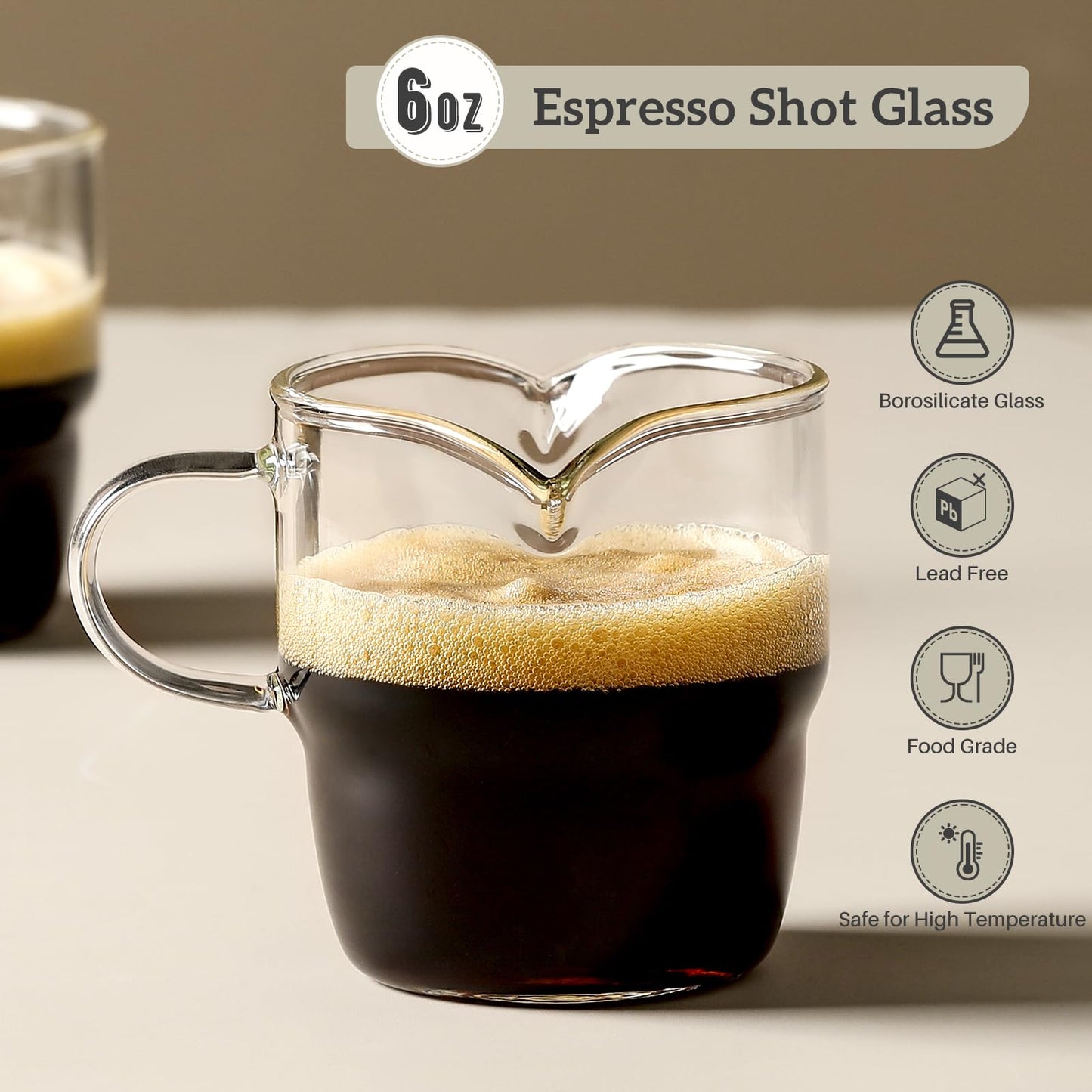 NETANY 6 OZ Espresso Cups Set of 2, Double Spouts Stackable Cups, Espresso Shots Glass Mugs with Handle, Machine Accessories for Coffee Bar, Cute Clear Glasses for Gift