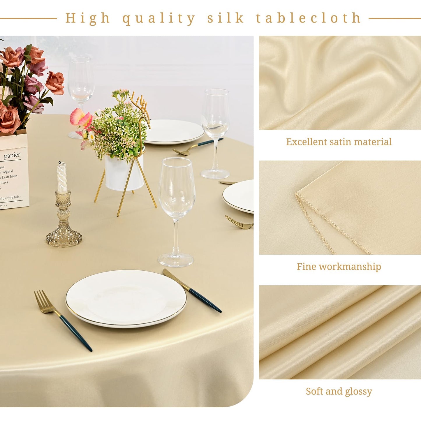 REWOMC 12 Pack 90 Inch Round Tablecloth, Champagne Satin Fabric, Wrinkle & Stain Resistant, Perfect for Weddings & Banquets