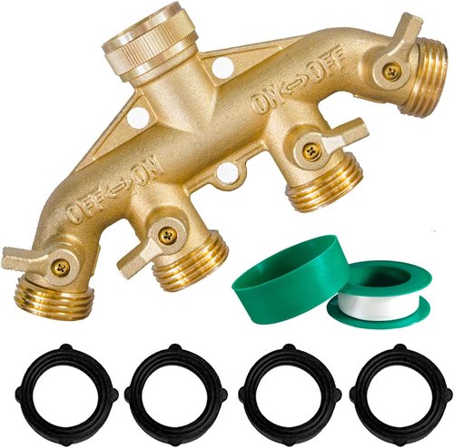 Hourleey Brass Garden Hose Splitter - 4-Way Solid Brass Connector with 4 Valves & Extra Washers
