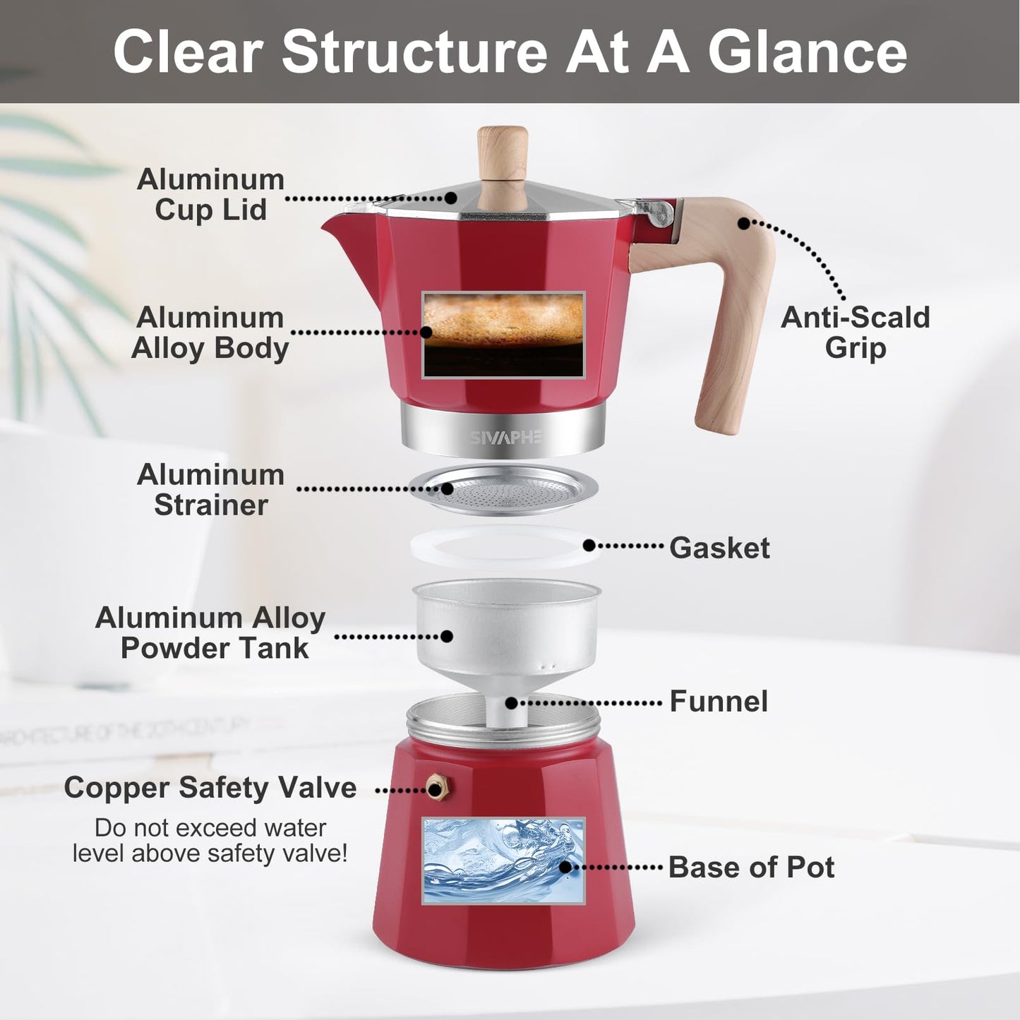 Sivaphe Aluminum Moka Pot 9 Espresso Cups, Percolator Espresso and Coffee Maker, Portable Stovetop Italian and Cuban Café Brewer for Home and Camping Red