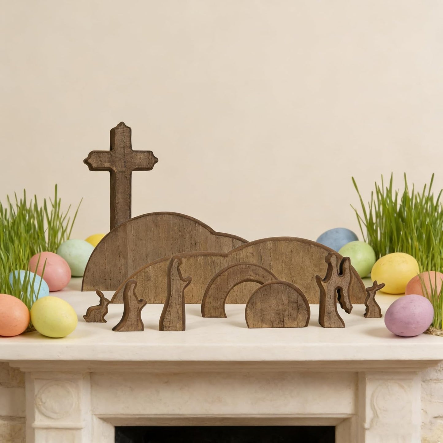 TW SHINE Easter Scene Decoration - Wooden Empty Tomb & Cross Tray Set for Home & Office