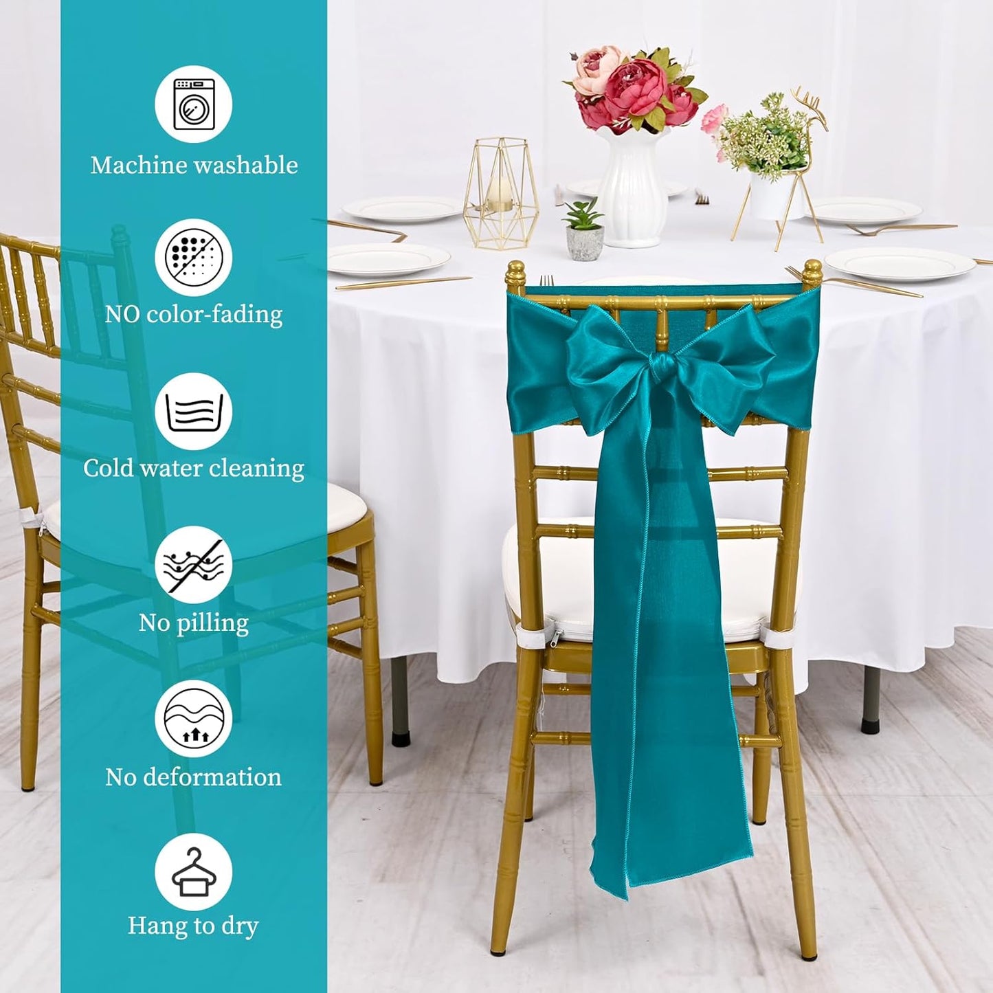 Skiennix 100 PCS Satin Chair Sashes - Turquoise Decorative Ribbon Ties for Weddings & Events | 7 x 108 Inch