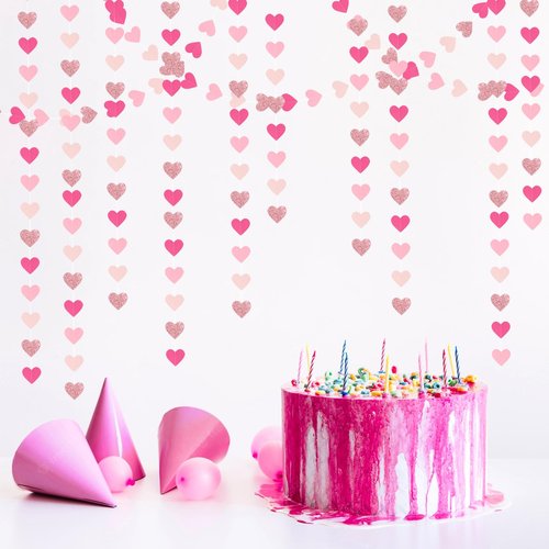 Hot-Pink Rose-Gold Party Decorations Heart-Garland - 52ft Wedding Bridal Shower Hanging Decoration Streamers Banner,Baby Girl Birthday Bachelorette Engagement Mohters Valentines Day Decor Panduola